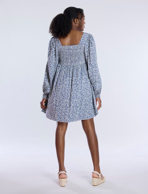 Motherhood Maternity Smocked Babydoll Long Sleeve Mini Dress In Indigo Animal
