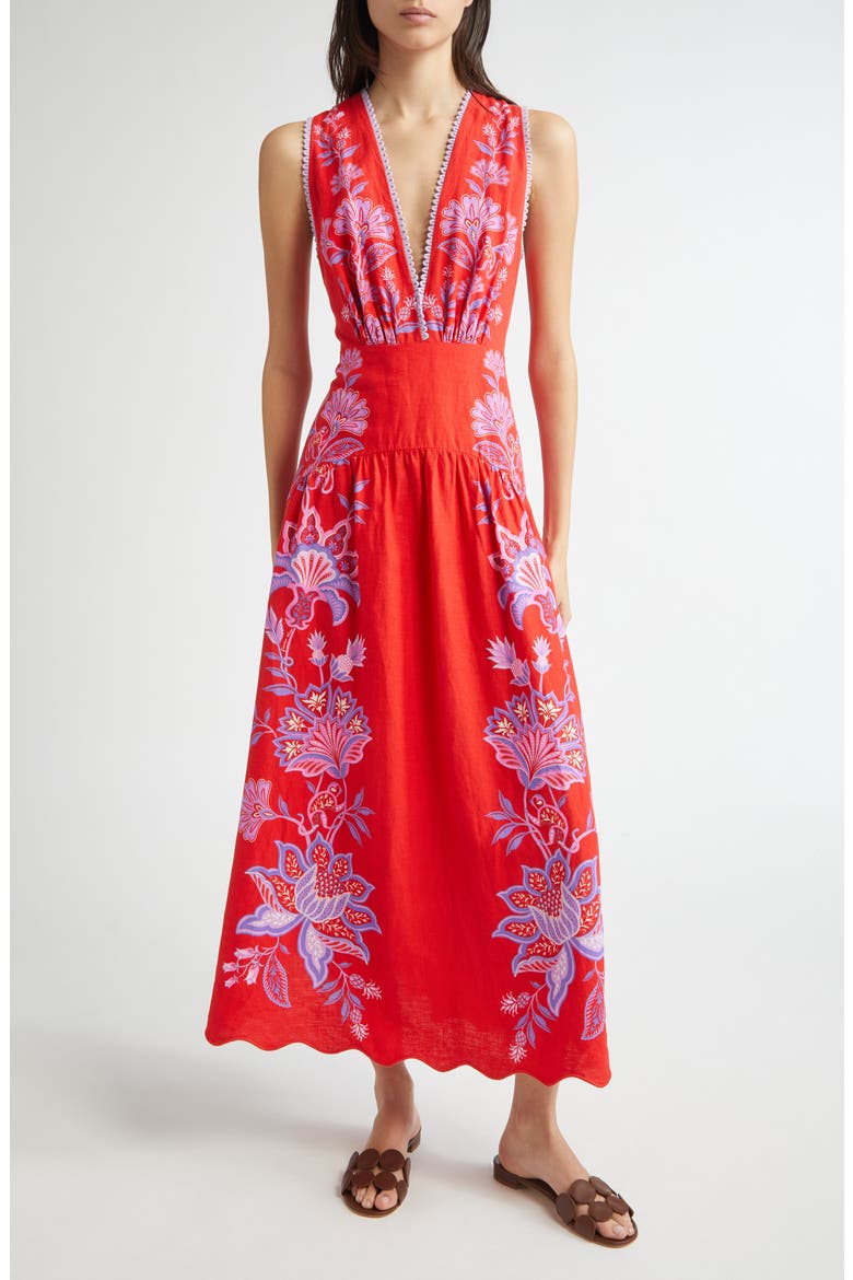 Porcelain Garden Floral Linen Maxi Dress, Main, color, RED