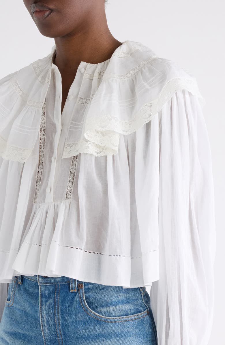 Chloé Lace Trim Cotton Pullover Shirt, Alternate, color, Iconic Milk