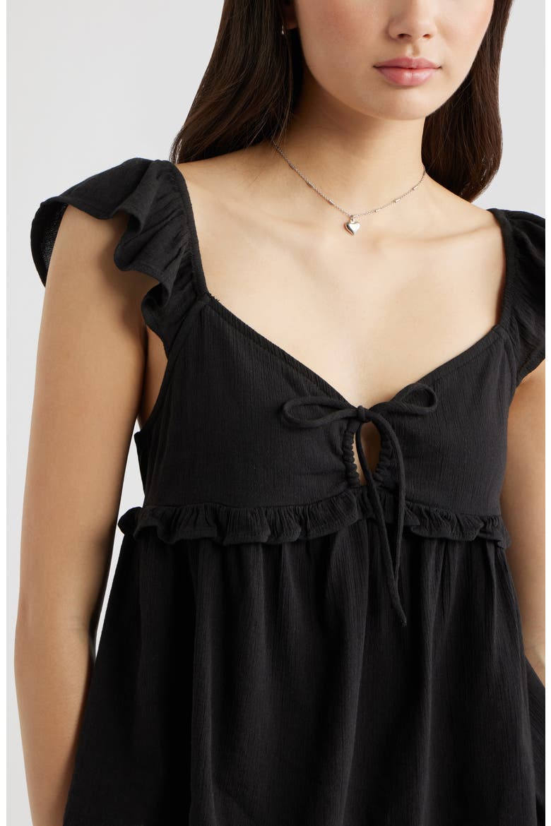 Tie Front Flutter Sleeve Babydoll Top, Alternate, color, BLACK