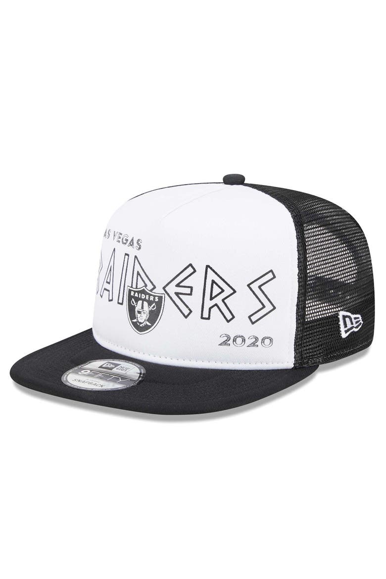 Men's New Era White/Black Las Vegas Raiders Banger 9FIFTY Trucker Snapback Hat, Main, color, White