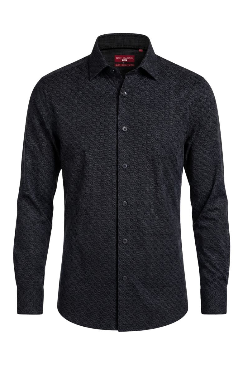 Regular Fit Motif Print 4-Way-Stretch Button-Up Shirt, Alternate, color, BLACK