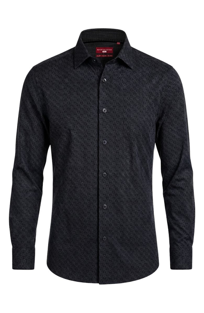 Report Collection Regular Fit Motif Print 4-Way-Stretch Button-Up Shirt, Alternate, color, Black