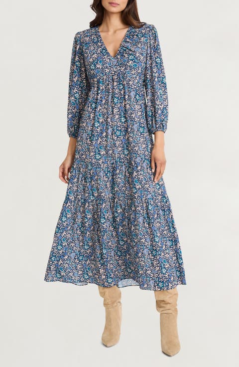 Floral Long Sleeve Empire Waist Tiered Maxi Dress
