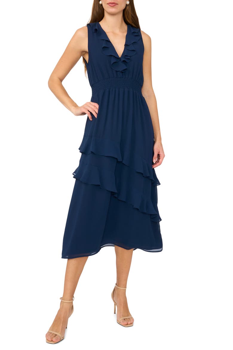 V-Neck Tiered Midi Dress, Main, color, CLASSIC NAVY