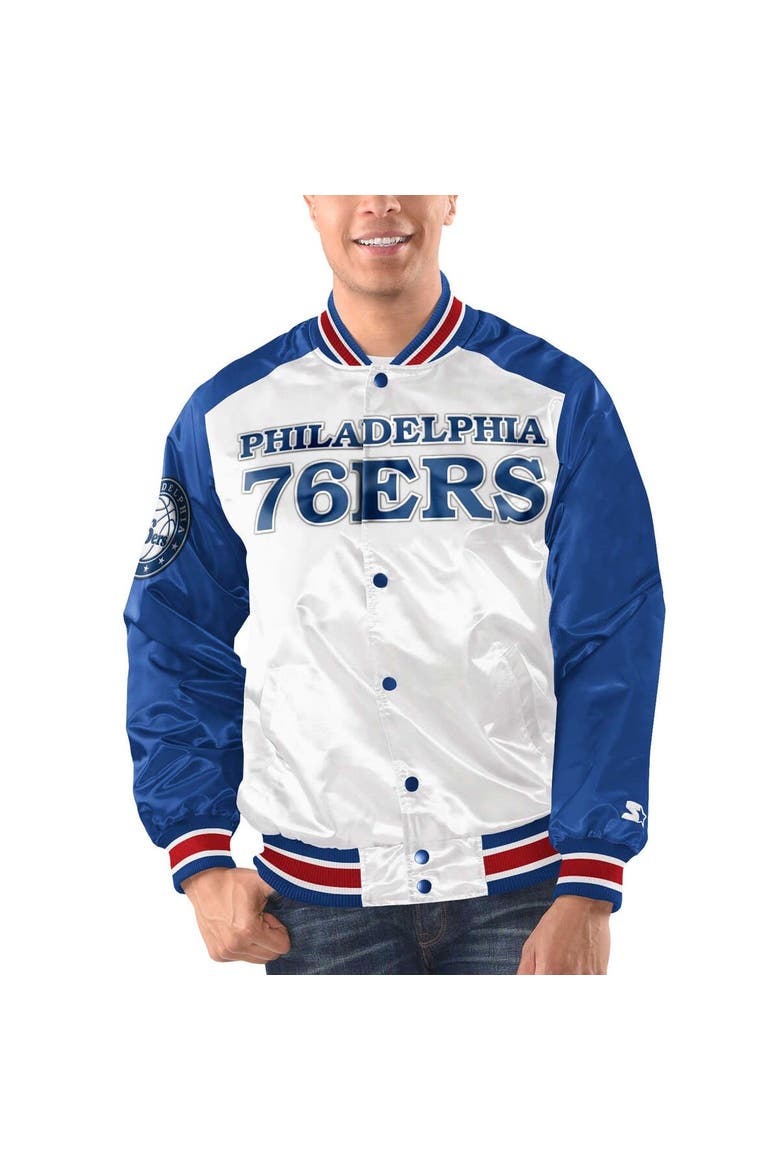 Men's Starter White/Royal Philadelphia 76ers Renegade Satin Full-Snap Varsity Jacket, Main, color, White