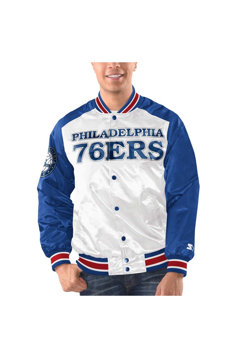 STARTER Men's Starter White/Royal Philadelphia 76ers Renegade Satin Full-Snap Varsity Jacket, Main, color, White