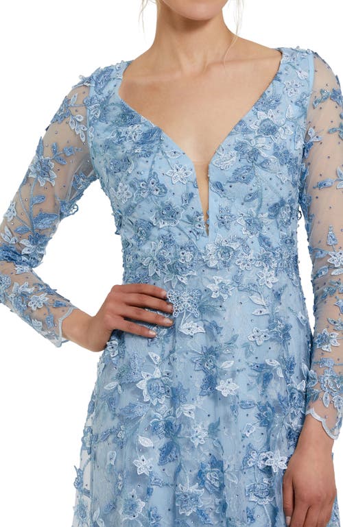 Mac Duggal Floral Applique Long Sleeve Illusion Gown In Powder Blue
