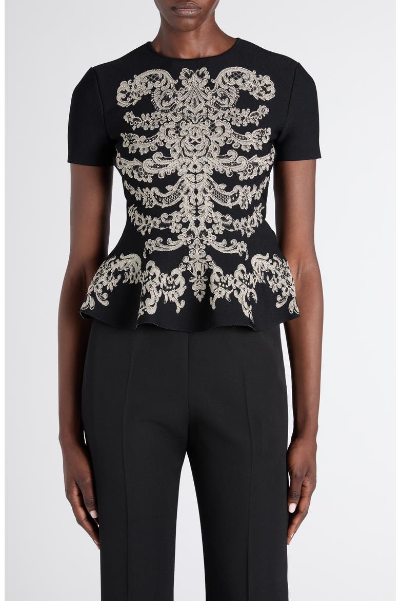 Ribcage Jacquard Peplum Top, Main, color, BLACK