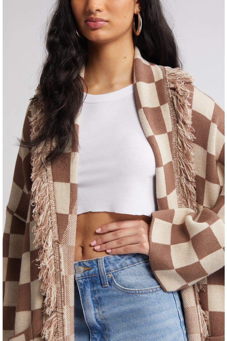 Fringe Blanket Cardigan, Alternate, color, TAN CHECK