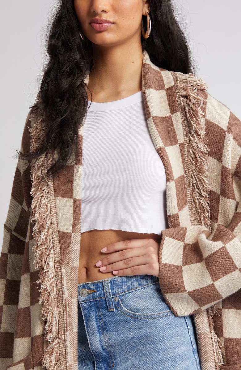 Dressed in Lala Fringe Blanket Cardigan, Alternate, color, Tan Check