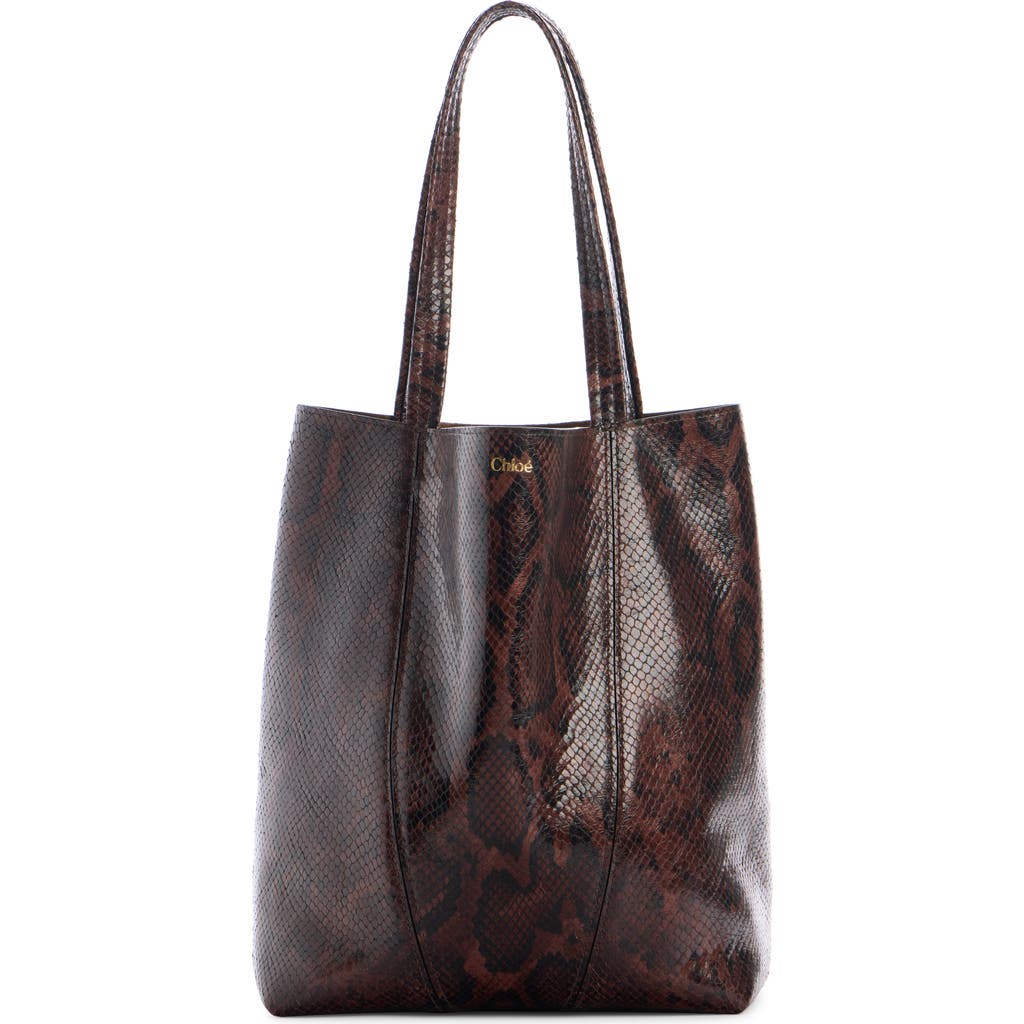 Chloé Spin Small Tote Bag In Python-effect Leather In Sooty Brown