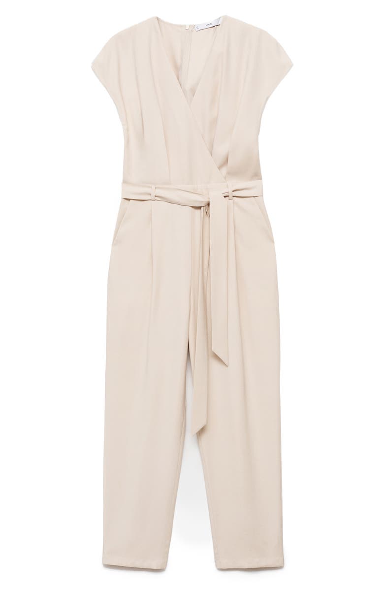 MANGO Tie Waist Faux Wrap Wide Leg Jumpsuit, Alternate, color,