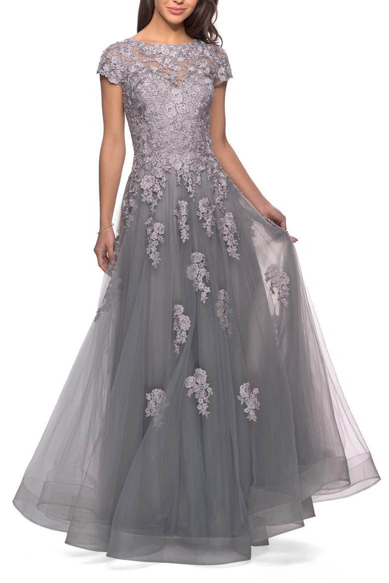 Long Tulle Gown with Intricate Lace Detailing, Alternate, color, Silver
