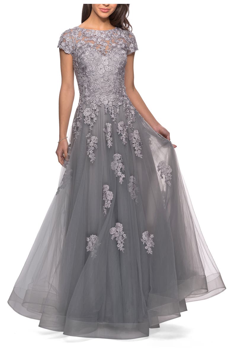 La Femme Long Tulle Gown with Intricate Lace Detailing, Alternate, color, Silver