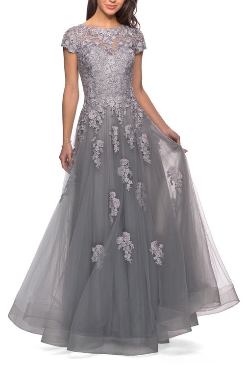La Femme Long Tulle Gown With Intricate Lace Detailing In Silver