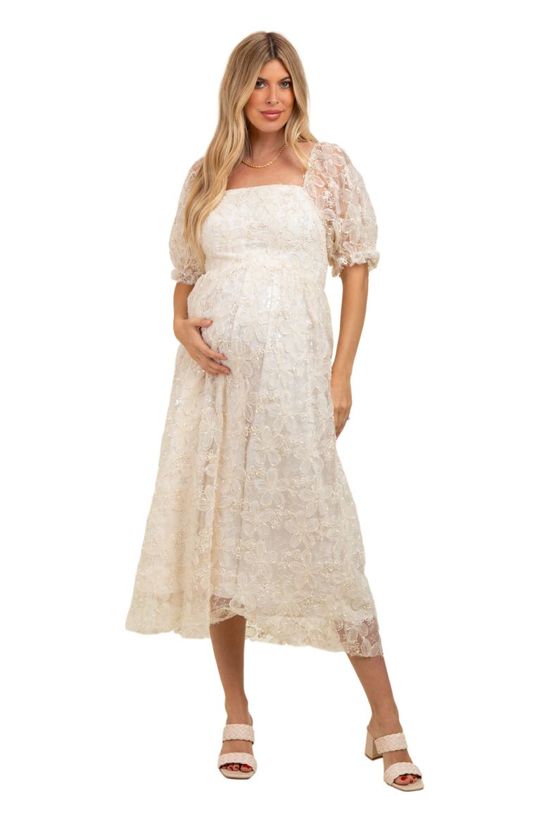 Floral Mesh Overlay Tie Back Midi Dress, Main, color, Cream