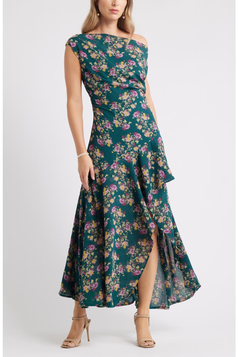 Cascading Off the Shoulder Evening Dress, Main, color, GREEN- ZOE GARDEN