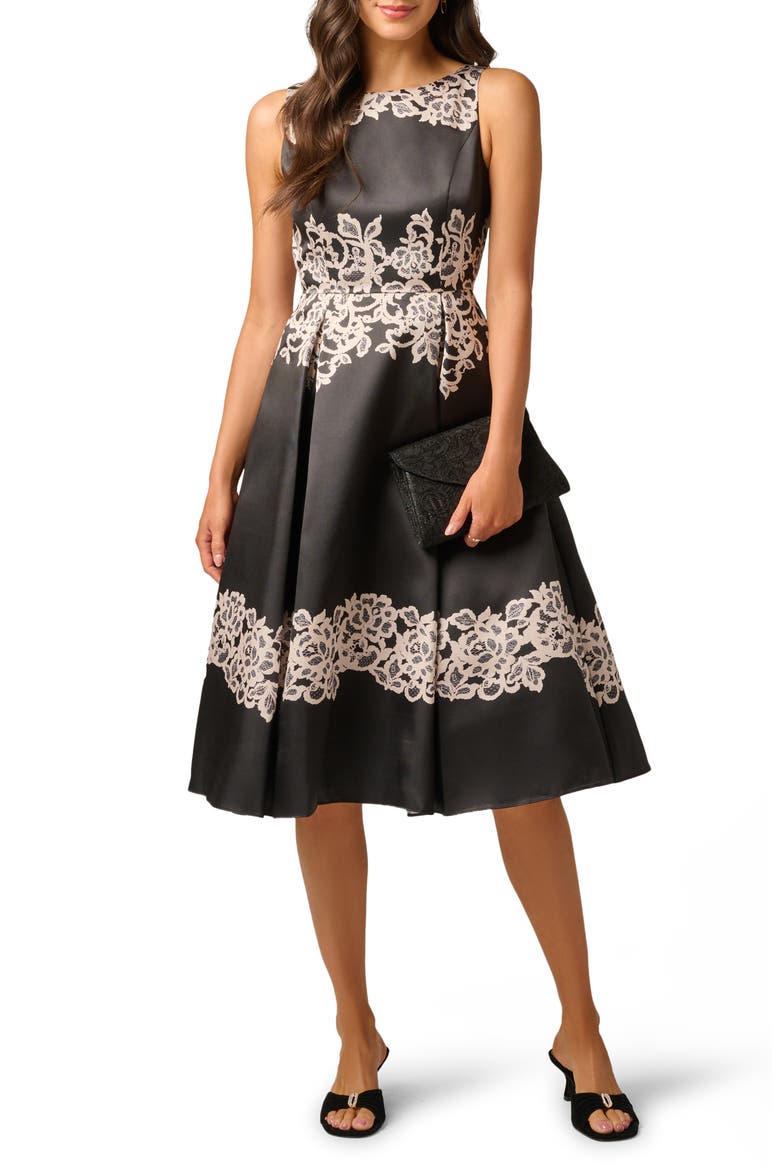 Lace Print Mikado Cocktail Dress, Main, color, BLACK/ ECRU