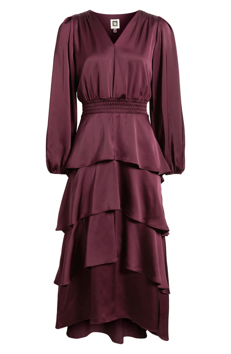 Anne Klein Long Sleeve Tiered High-Low Satin Dress, Alternate, color, Dark Chianti