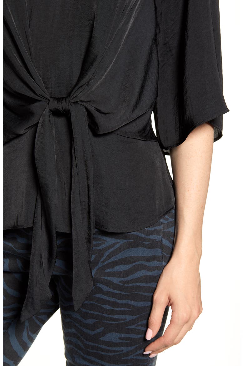 Bell Sleeve Tie Waist Hammered Satin Blouse, Alternate, color, RICH BLACK