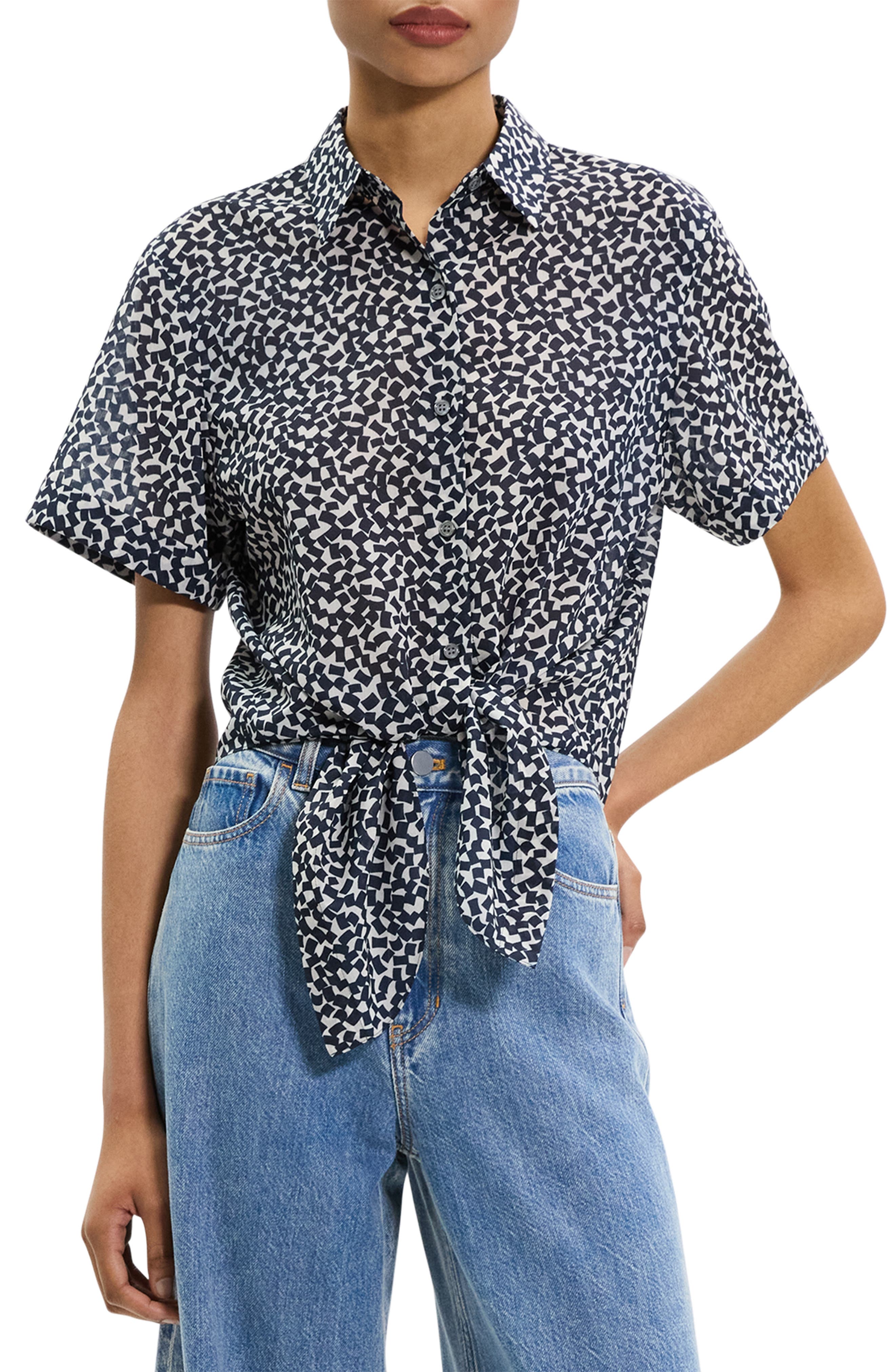 Theory Geometric Tie Front Button-Up Shirt