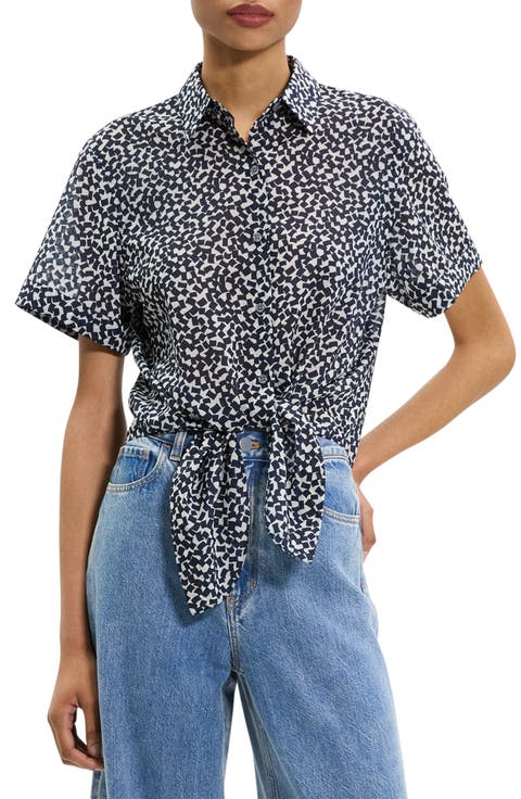 Geometric Tie Front Button-Up Shirt