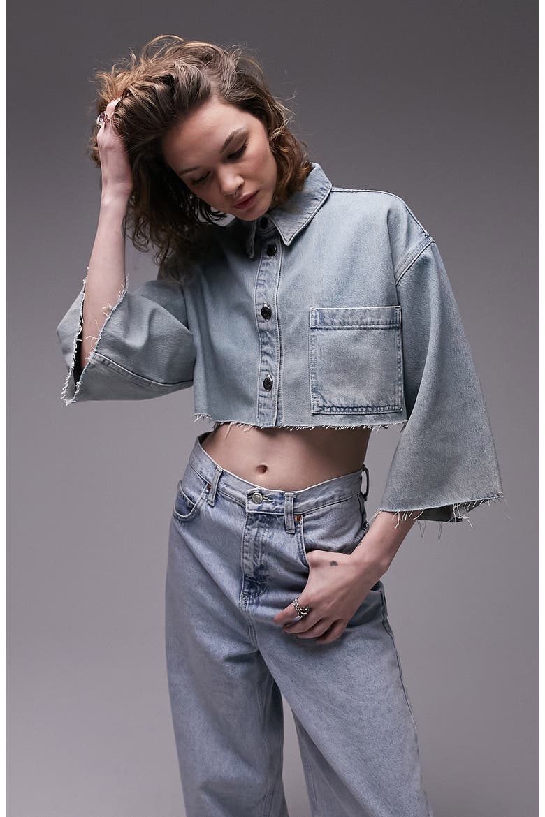 Crop Denim Button-Up Shirt, Main, color, MEDIUM BLUE