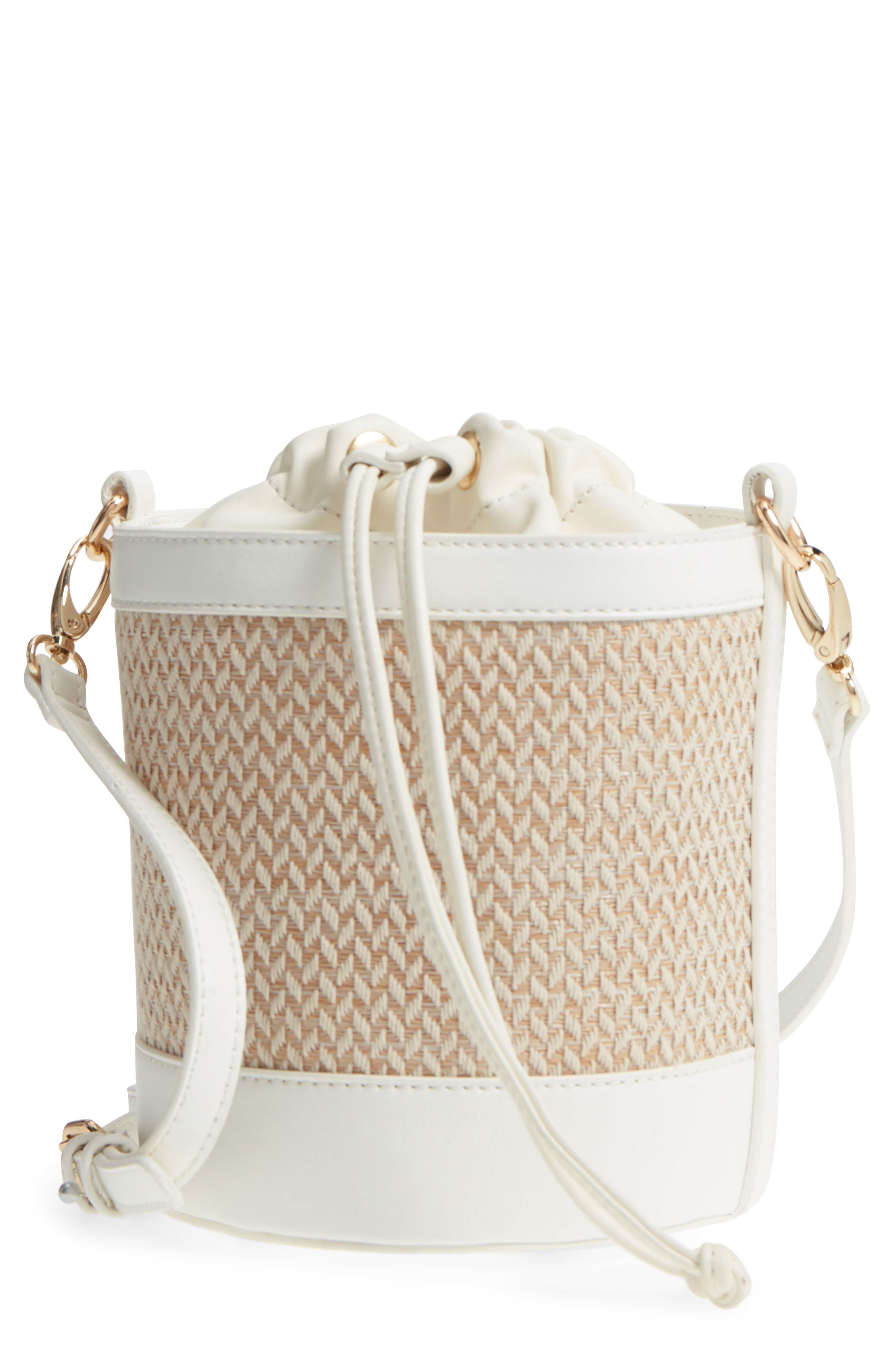 Leith Straw & Faux Leather Bucket Bag, Main, color, 