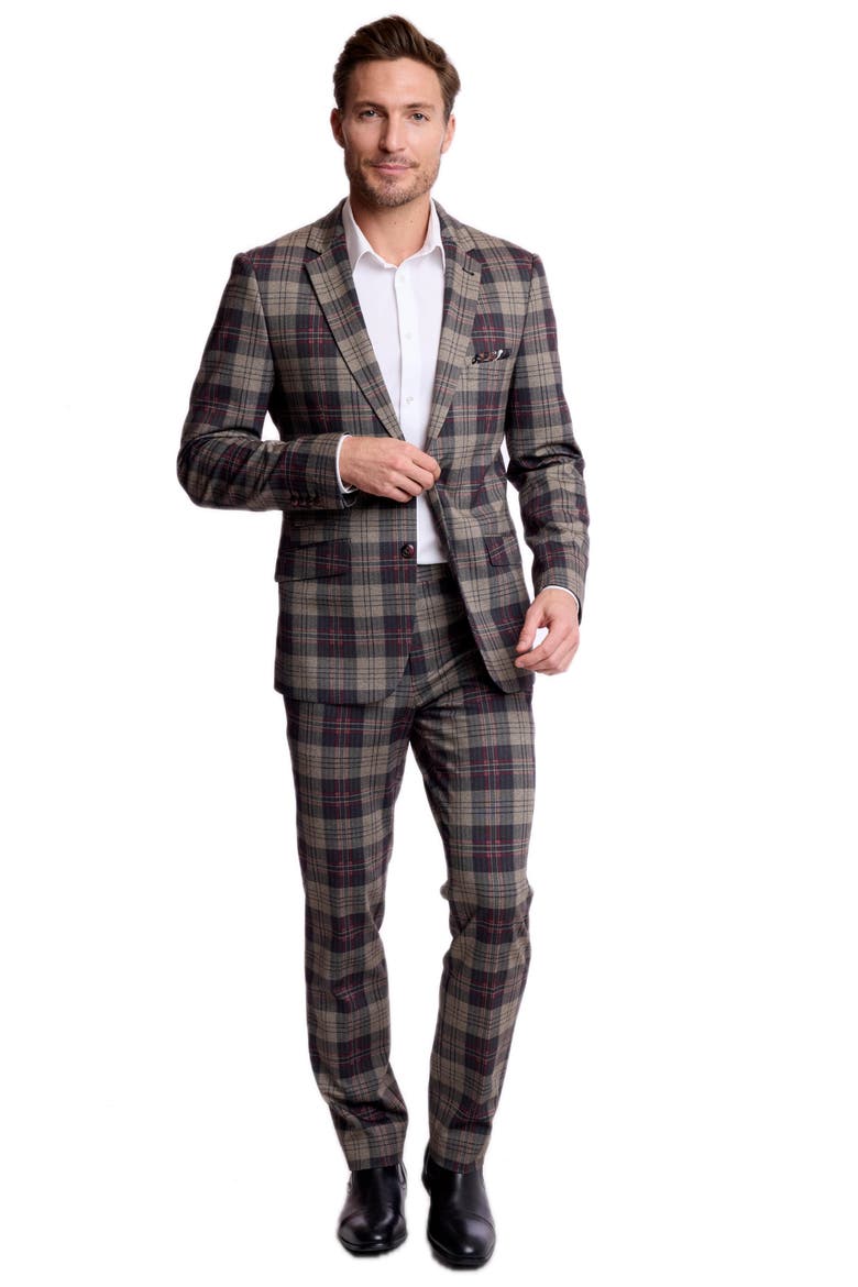Dover Slim Fit Plaid Stretch Flannel Suit Jacket, Alternate, color, BLK BG RED HB KNIT PLAID