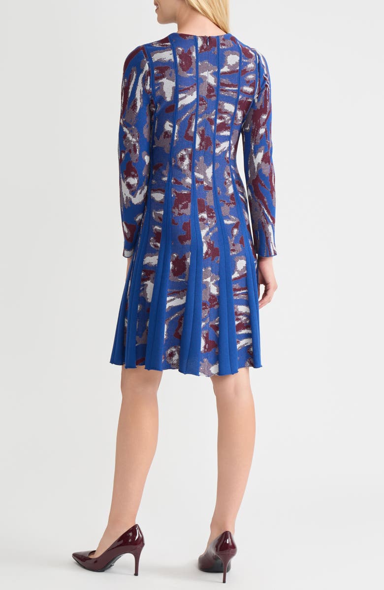 Misook Long Sleeve Jacquard Fit & Flare Dress, Alternate, color, Lazuli Blue/Sangria/Pearl Gry