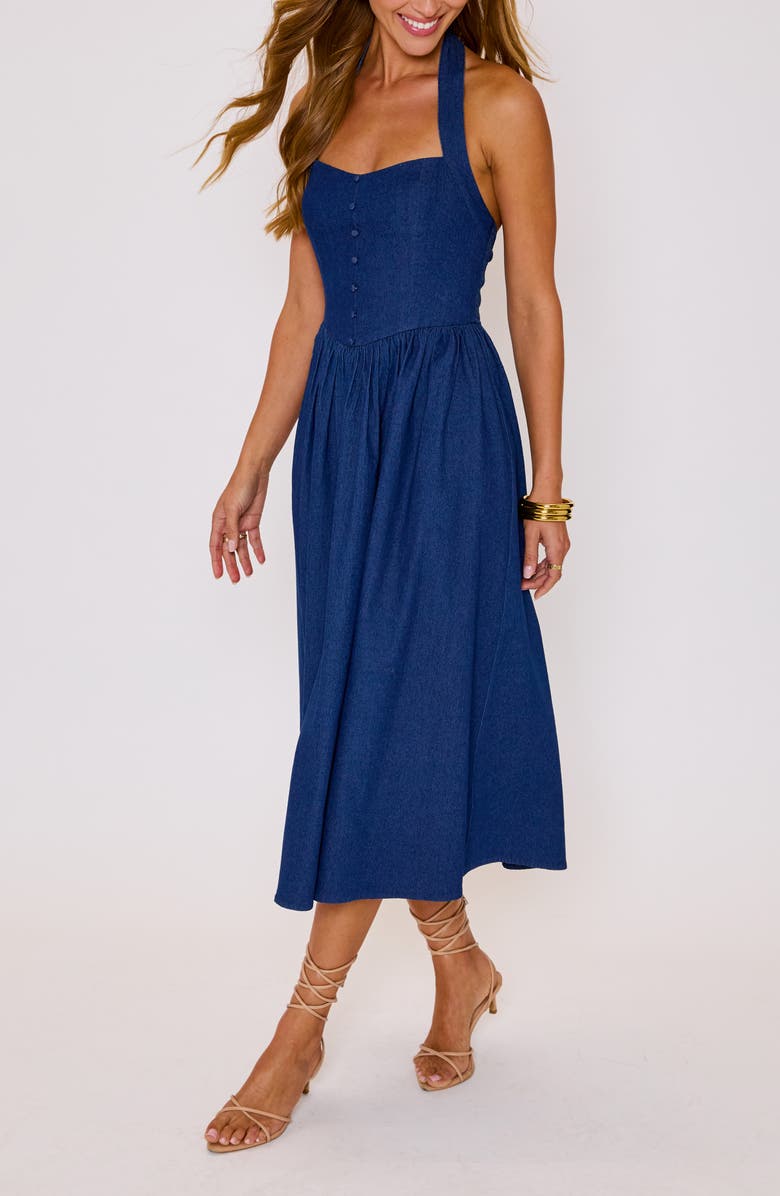 VICI Collection Kylie Denim Halter Midi Dress, Alternate, color, Dark Wash