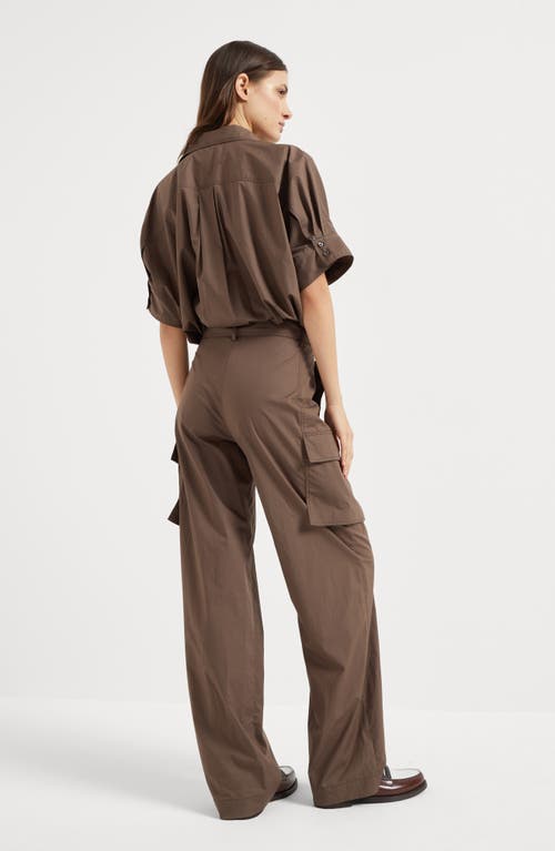 Brunello Cucinelli Cotton Belted Monili Jumpsuit In Chocolate