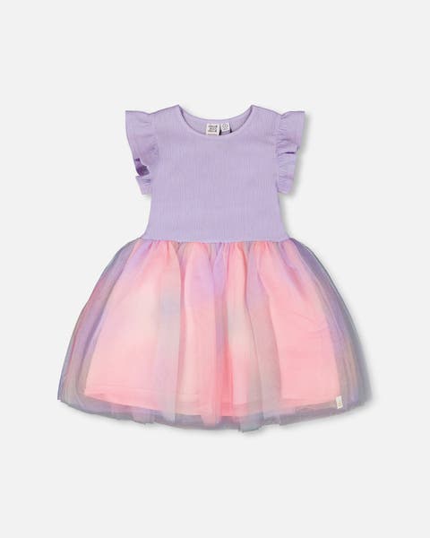 Short Flutter Sleeve Bi-Material Mesh Dress (Toddler, Little Kid & Big Kid)