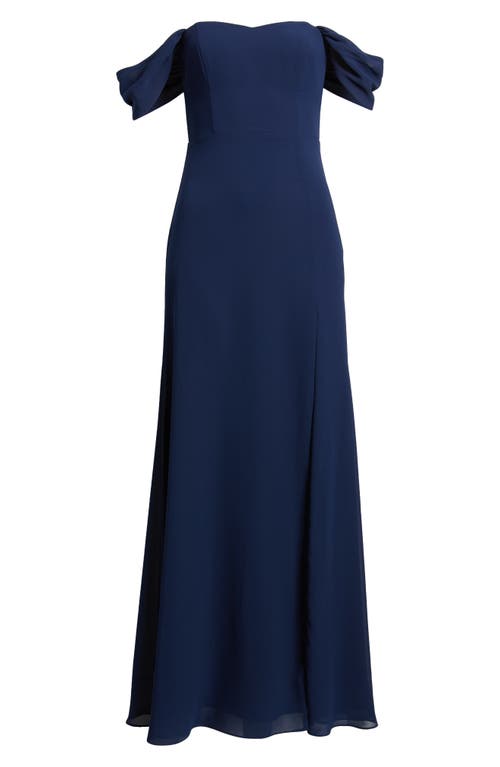Lulus Off The Shoulder Chiffon Gown In Navy Blue