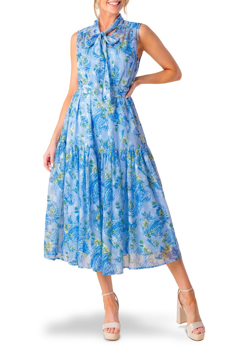 Paisley Tie Neck Sleeveless Chiffon Midi Dress, Main, color, POWDER BLUE