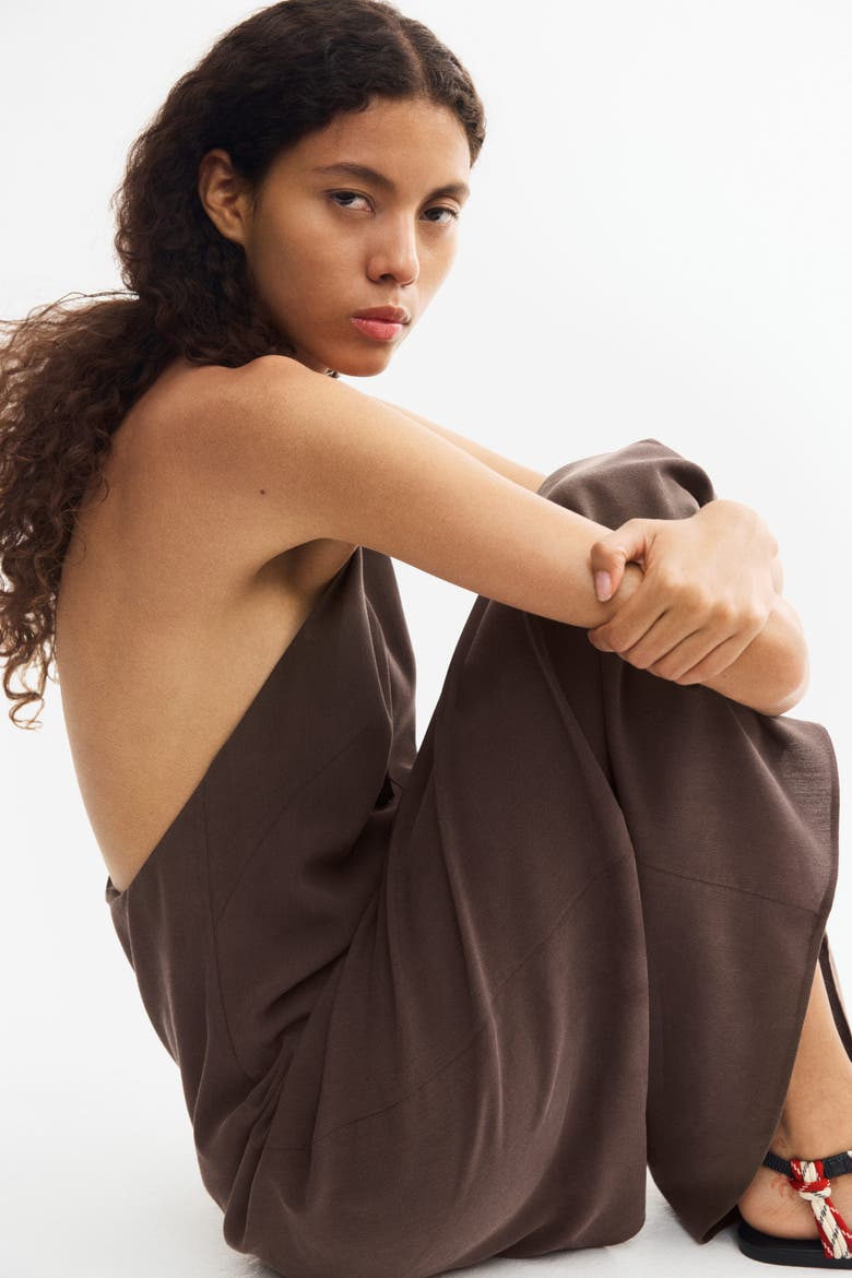 Crêpe Halterneck Dress, Alternate, color, Dark brown