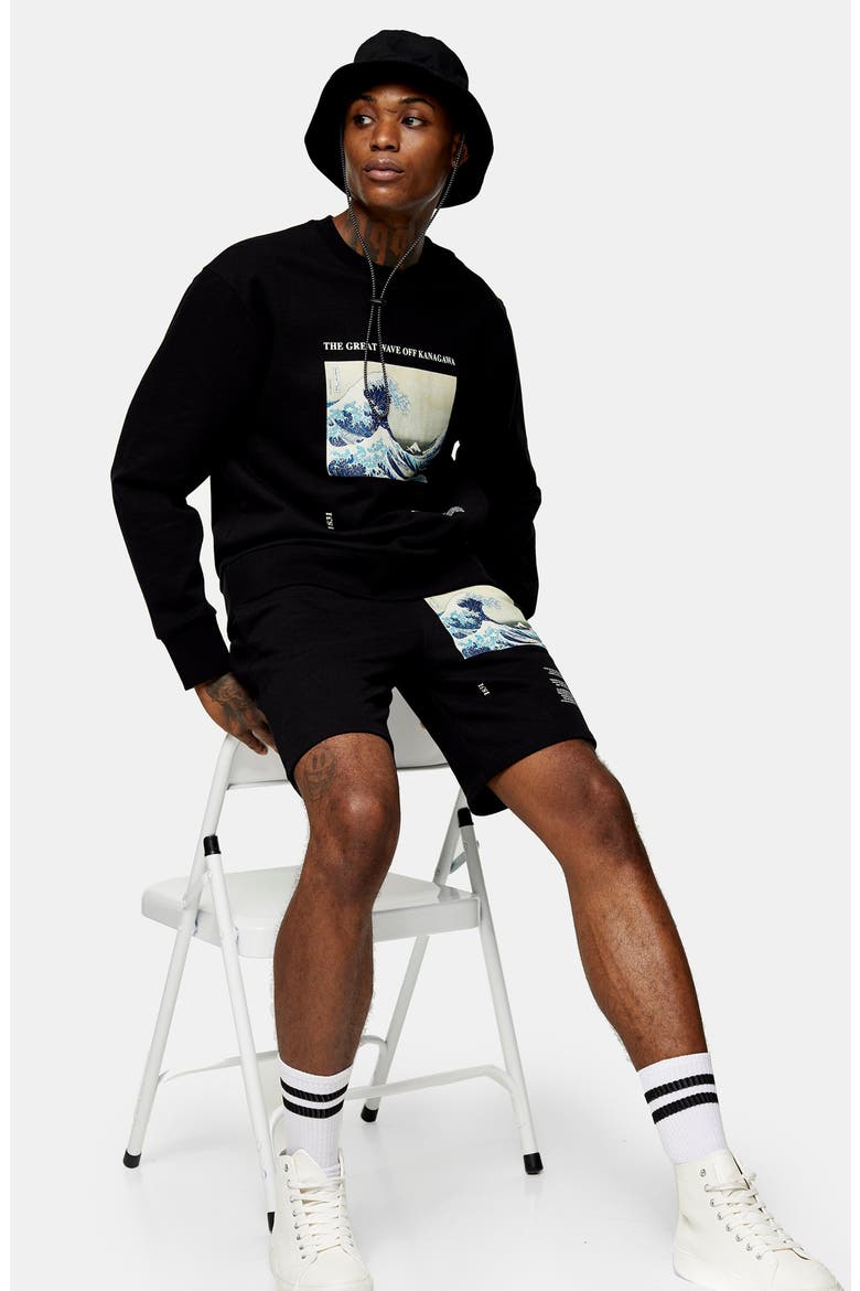 Wave Print Jersey Shorts, Alternate, color, BLACK