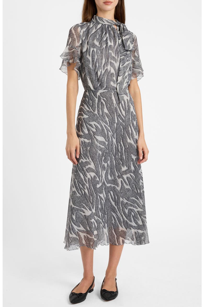 Sabrina Tie Neck Short Sleeve Midi Dress, Main, color, Onyx Multi