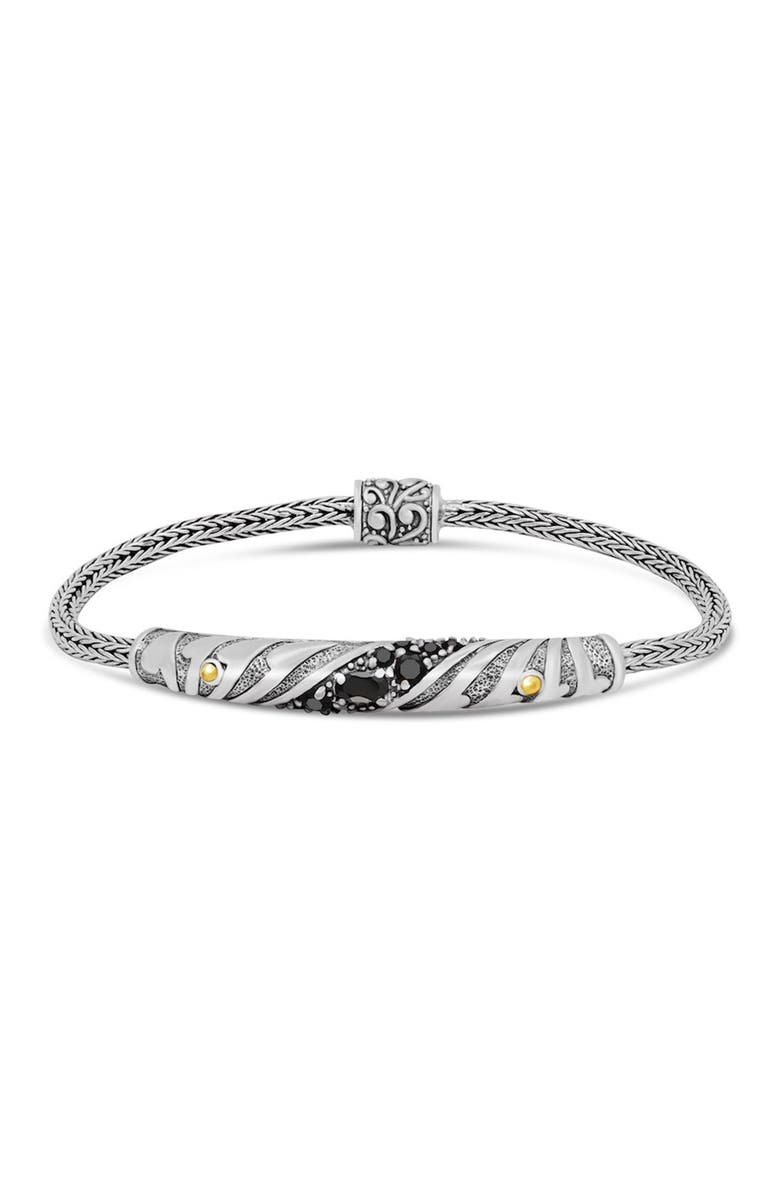 DEVATA Sterling Silver 18K Yellow Gold Accented Bali Filigree Black Spinel Charm Bracelet, Main, color,
