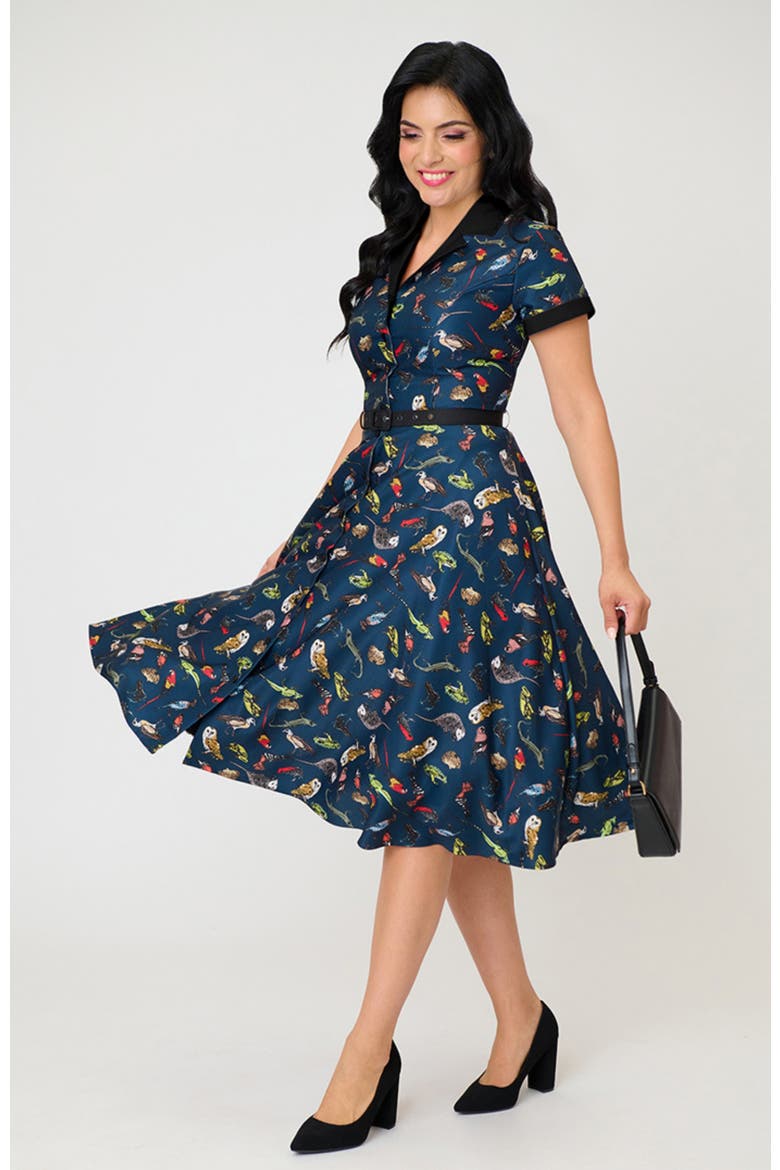 Collared Short Sleeved Belted Alexis Swing Dress, Alternate, color, Blue w/ Animal Print