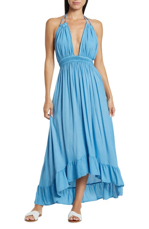Open Back Plunge Neck Ombré Halter Dress