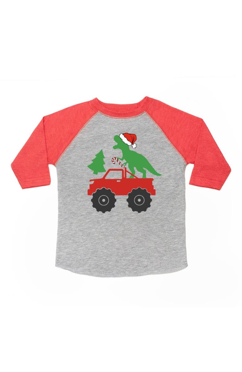 Sweet Wink Santa Dino Monster Truck Christmas 3/4 Shirt, Main, color, Heather/Red