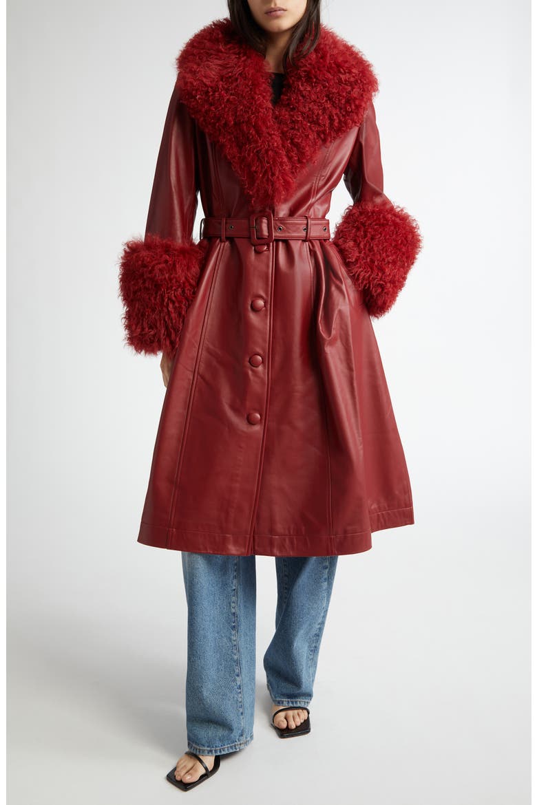 Foxy Genuine Shearling Trim Leather Coat (Nordstrom Exclusive), Main, color, SYRAH
