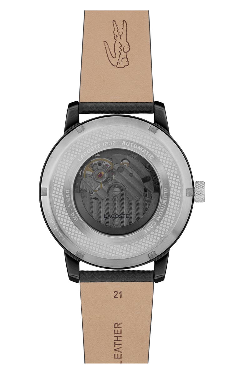 Lacoste 12.12 Automatique Leather Strap Watch, 44mm, Alternate, color, Black