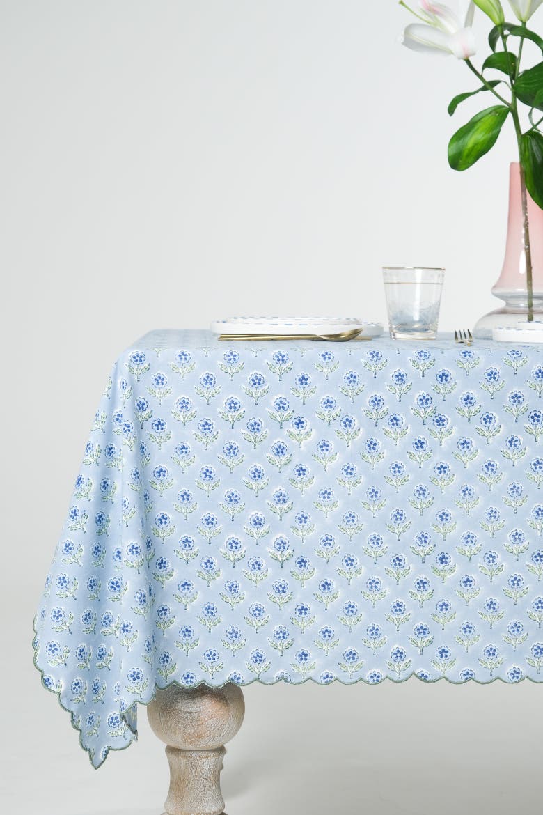 Mona Scallop Embroidered Blockprint Tablecloth, Main, color, 60x90