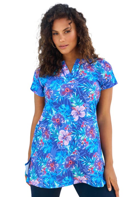 Longer-Length Notch-Neck Short-Sleeve Swim Tunic (Plus)