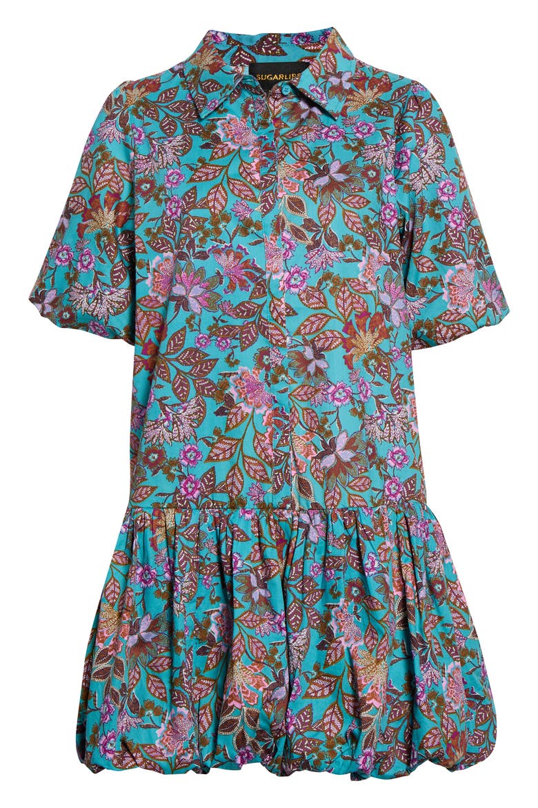 Staci Floral Bubble Hem Cotton Dress, Alternate, color, TEAL MULTI
