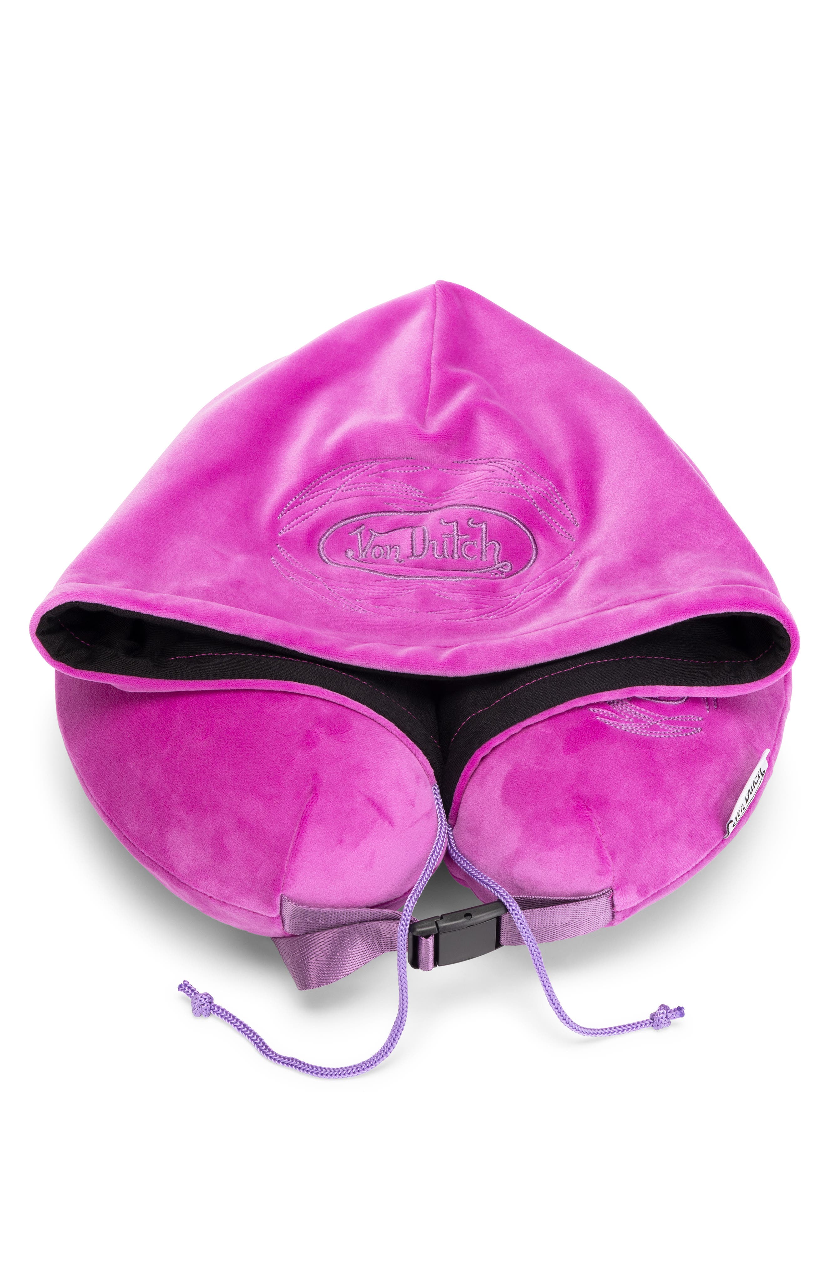 Von Dutch Pinstripe Hooded Memory Foam Travel Neck Pillow, Alternate, color, Purple