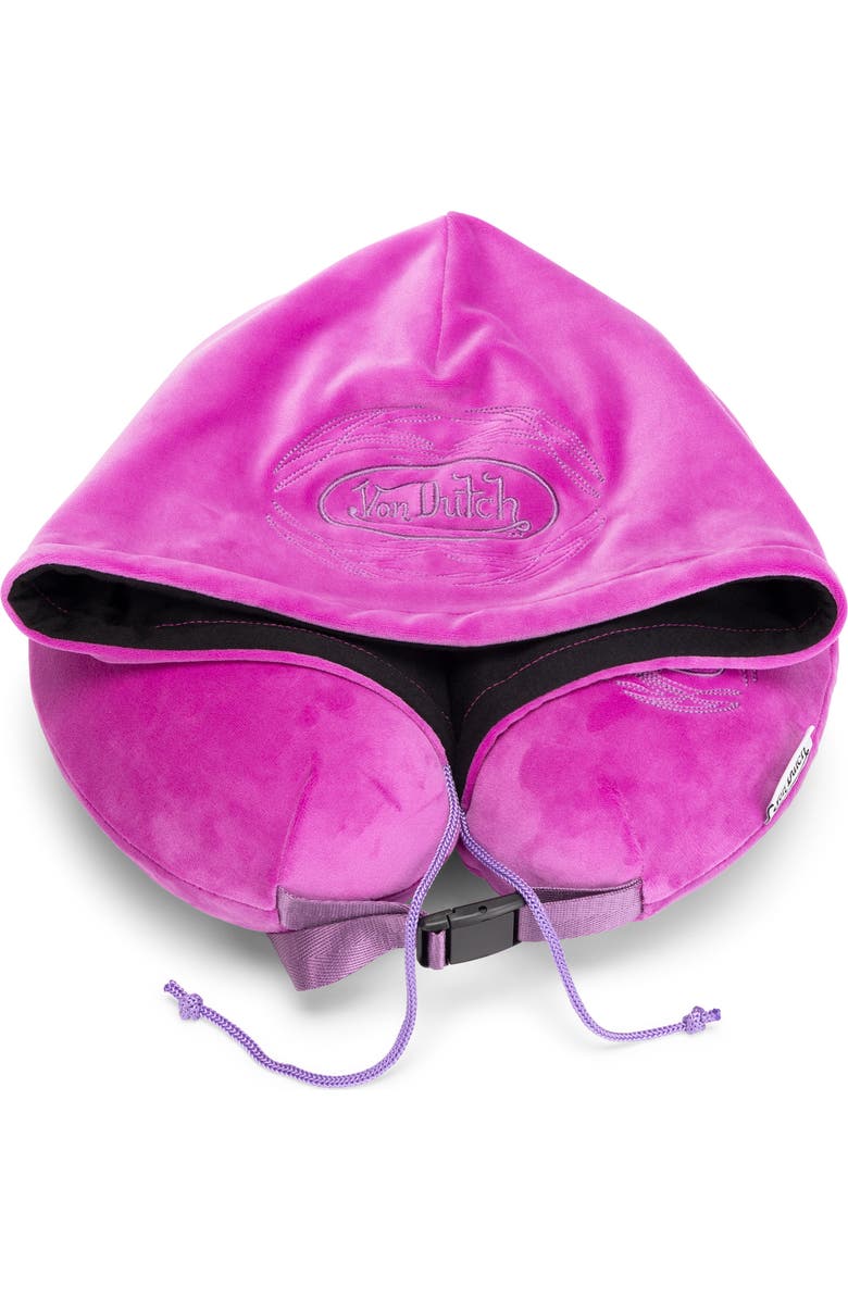 Von Dutch Pinstripe Hooded Memory Foam Travel Neck Pillow, Alternate, color, Purple